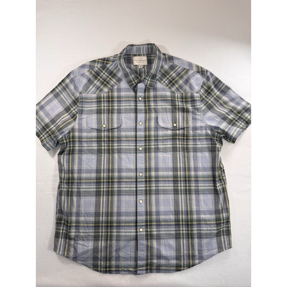 Lucky Brand Mens XL Blue Plaid Short Sleeve Western Pearl Snap Button Shirt